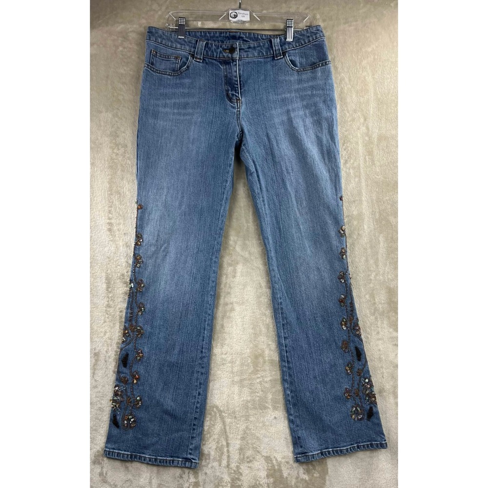 INC International Concepts Women Blue Beaded Floral Embroidered Jeans Size 12